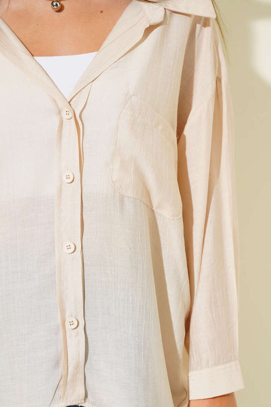 قميص أساسي بأكمام مطوية، بيج