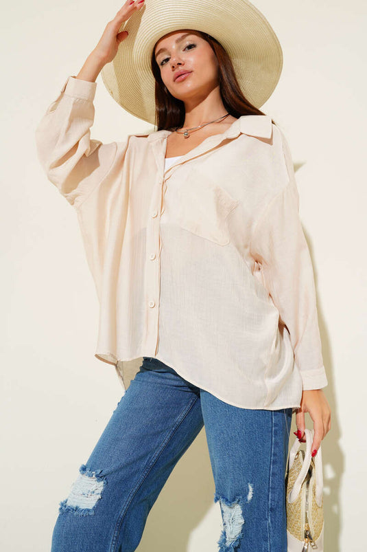 قميص أساسي بأكمام مطوية، بيج