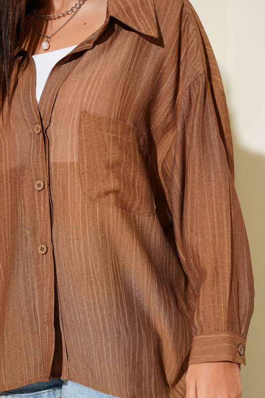 قميص أساسي بأكمام مطوية، بني