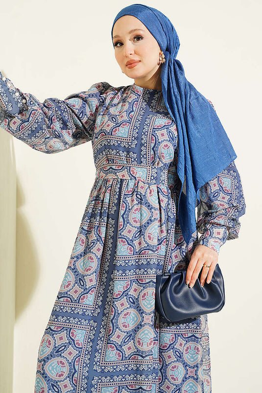 Blaue Gemusterte Chiffon-Kleid Mit Manschettenärmeln