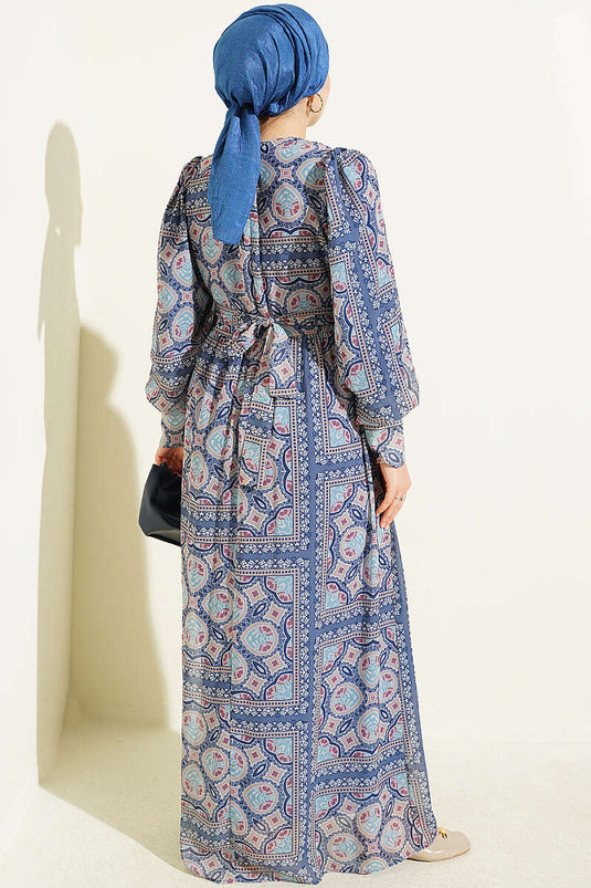 Blaue Gemusterte Chiffon-Kleid Mit Manschettenärmeln