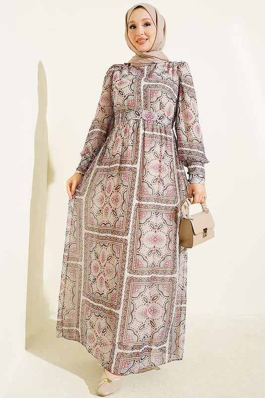 Rosa Gemustertes Chiffon-Kleid Mit Manschettenärmeln