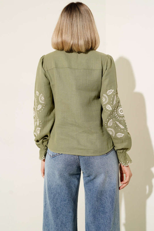 Ärmelloses besticktes Musselin-Hemd in Khaki