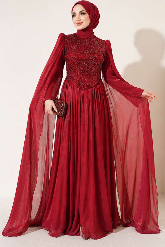 Burgundy Embellished Evening Dress With Cape