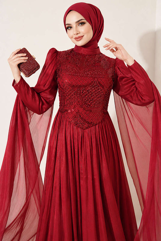 Burgundy Embellished Evening Dress With Cape