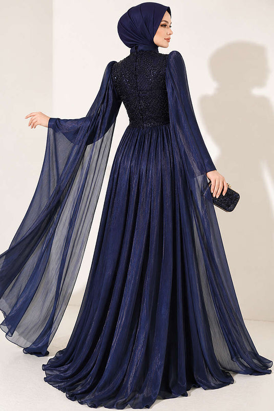 Navy Blue Embellished Evening Dress With Cape