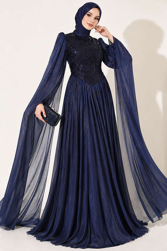 Navy Blue Embellished Evening Dress With Cape