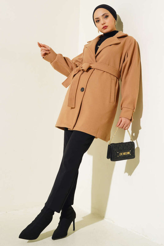 Belted Cashmere Coat with Sleeve Darts in Camel