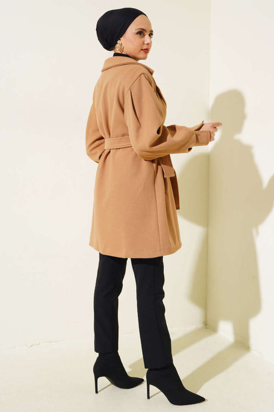 Belted Cashmere Coat with Sleeve Darts in Camel