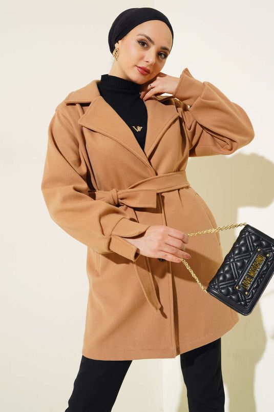 Belted Cashmere Coat with Sleeve Darts in Camel