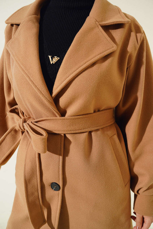 Belted Cashmere Coat with Sleeve Darts in Camel