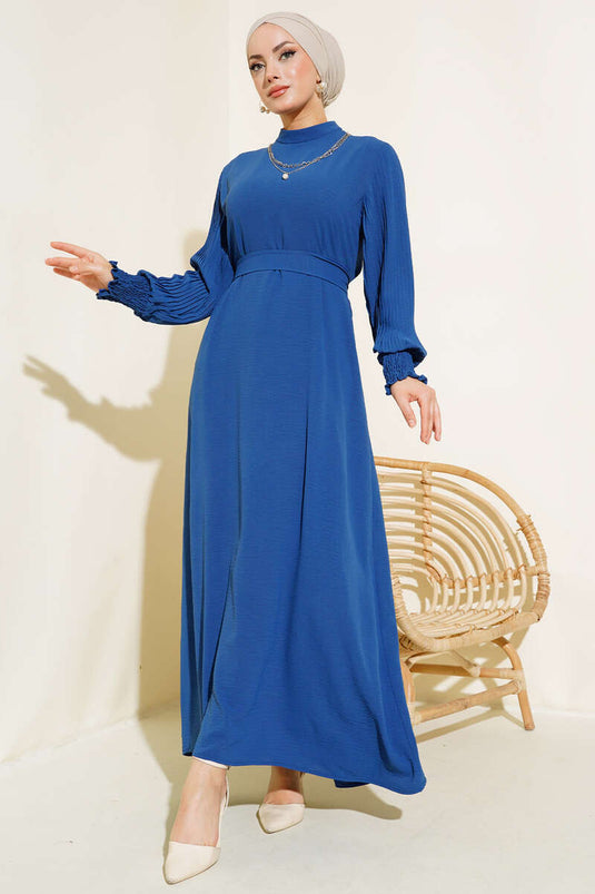 Kol Piliseli Elbise Koyu Mavi