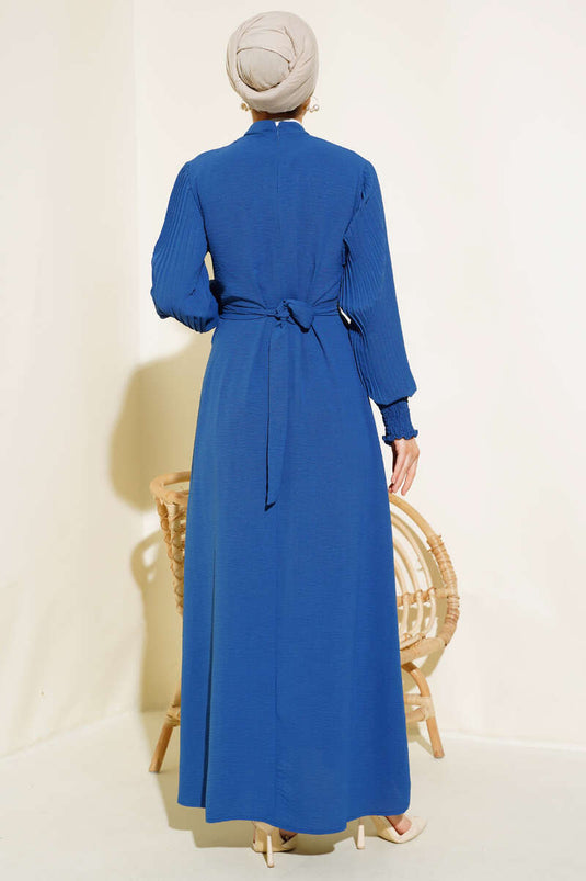Kol Piliseli Elbise Koyu Mavi
