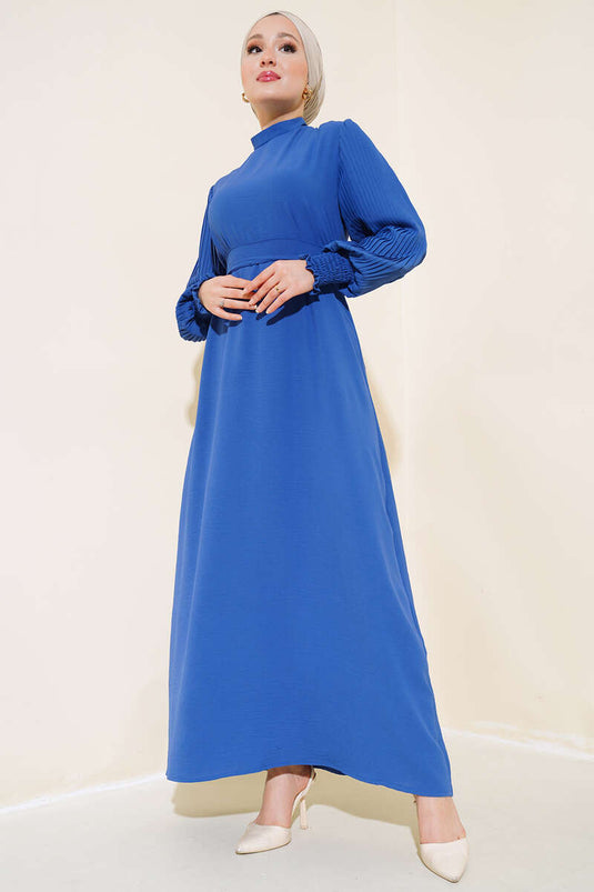 Indigo Dress with Ruffled Pearl Necklace