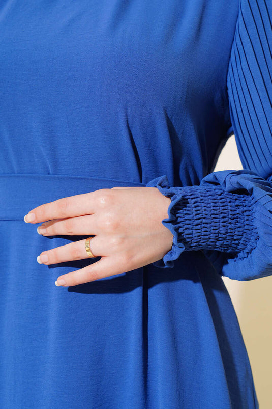 Indigo Dress with Ruffled Pearl Necklace
