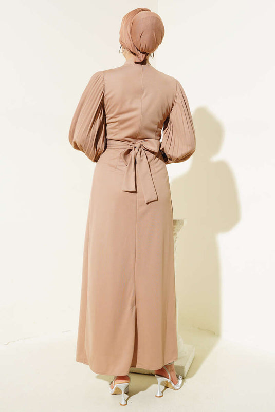 Pleated Belted Dress Milk Coffee