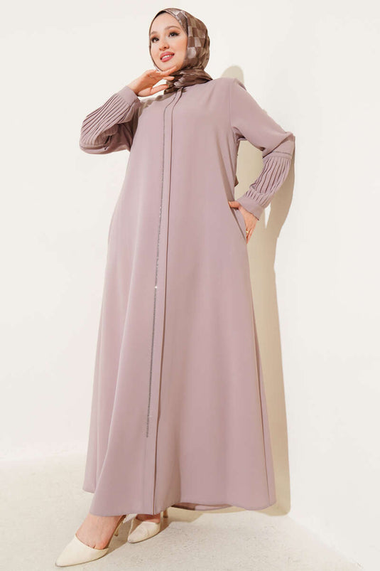 Pleated Sleeve Abaya with Stone Details, Beige