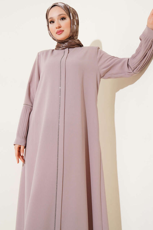 Abaya à manches plissées ornée de pierres, beige