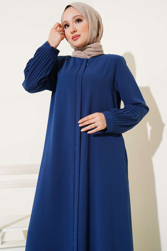 Abaya à manches plissées ornée de pierres, indigo