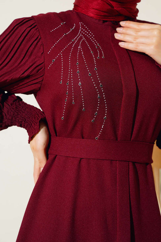 Burgundy Stone-Embellished Ferace with Pleated Sleeves