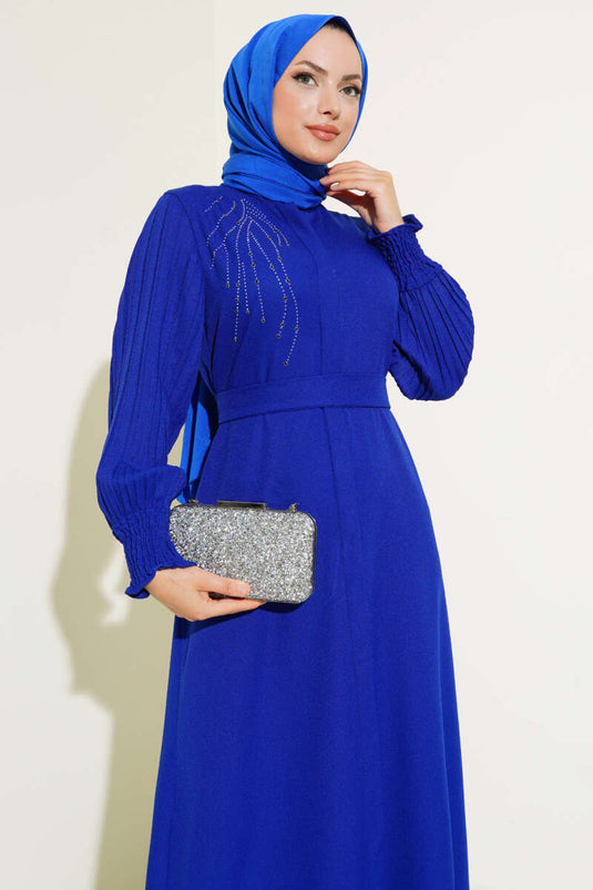 Kol Piliseli Taşlı Ferace Saks