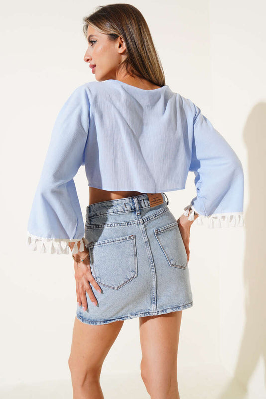 Blue Kimono with Tassel Sleeves