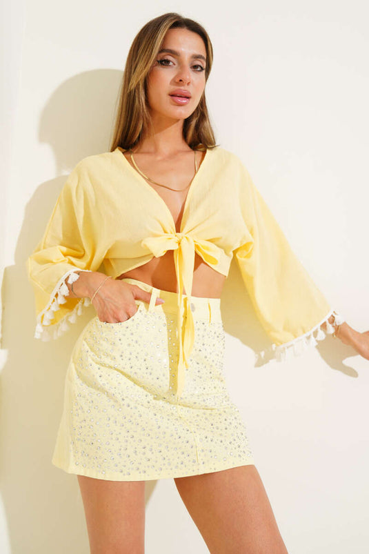Yellow Kimono with Tassel Sleeves