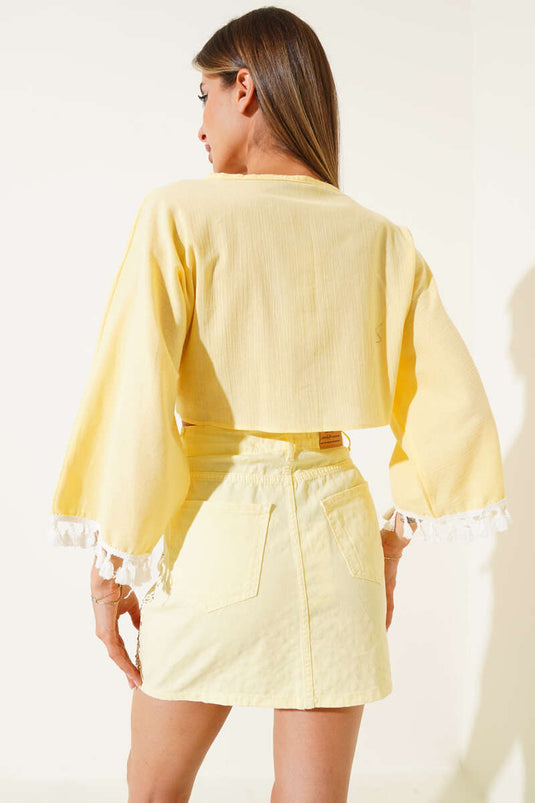 Yellow Kimono with Tassel Sleeves
