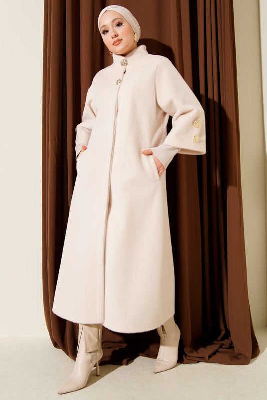Goldfox Coat with Ribbed Cuffs and Gold Buttons, Beige