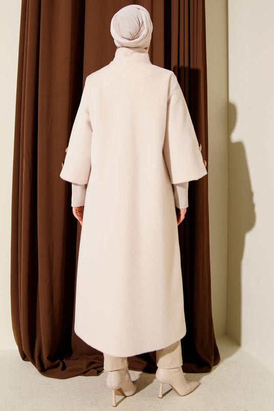Goldfox Coat with Ribbed Cuffs and Gold Buttons, Beige