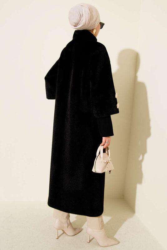 Goldfuchsmantel mit gerippten Bündchen und goldenen Knöpfen, Schwarz