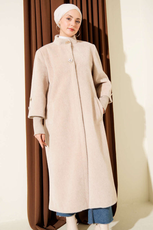 Kol Ribanalı Gold Düğmeli Kaban Bej