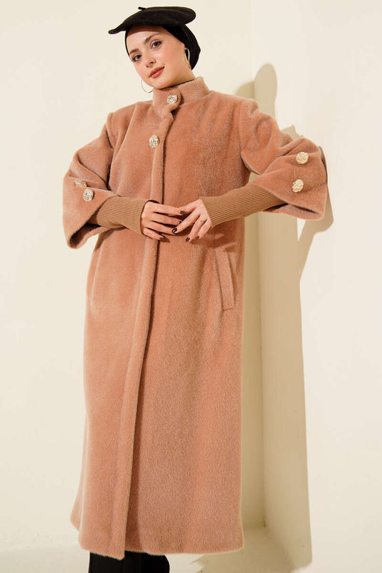 Kol Ribanalı Gold Düğmeli Kaban Camel