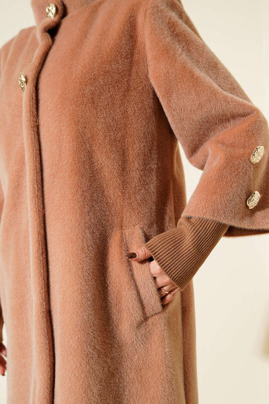 Kol Ribanalı Gold Düğmeli Kaban Camel