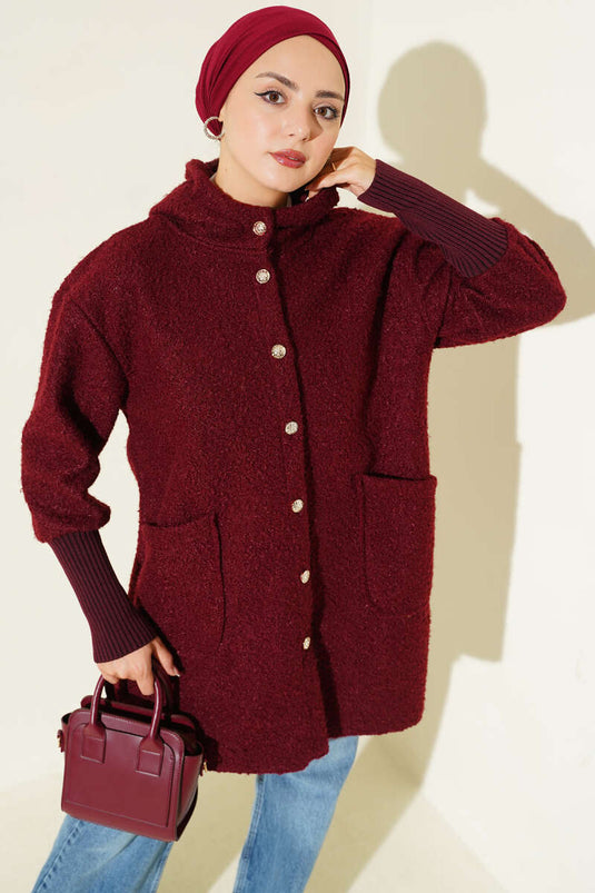 Kol Ribanalı Kapüşonlu Buklet Kap Bordo