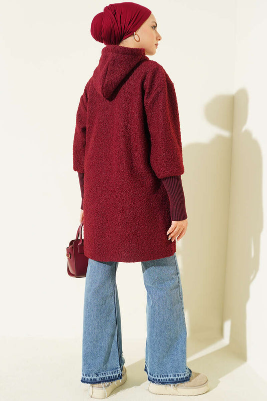 Kol Ribanalı Kapüşonlu Buklet Kap Bordo