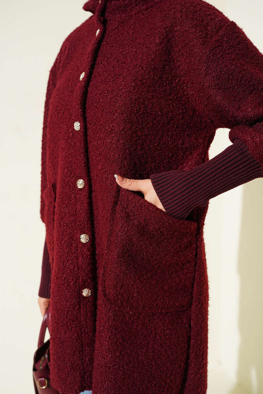 Veste bouclée à poignets et capuche côtelés, bordeaux