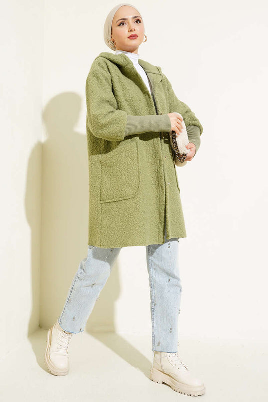 Sleeve Ribbed Hooded Boucle Cap Almond Green