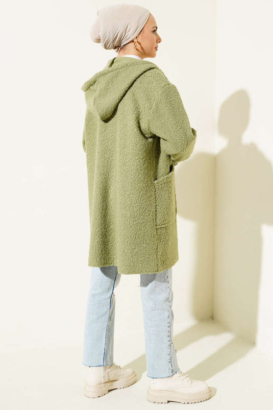 Sleeve Ribbed Hooded Boucle Cap Almond Green