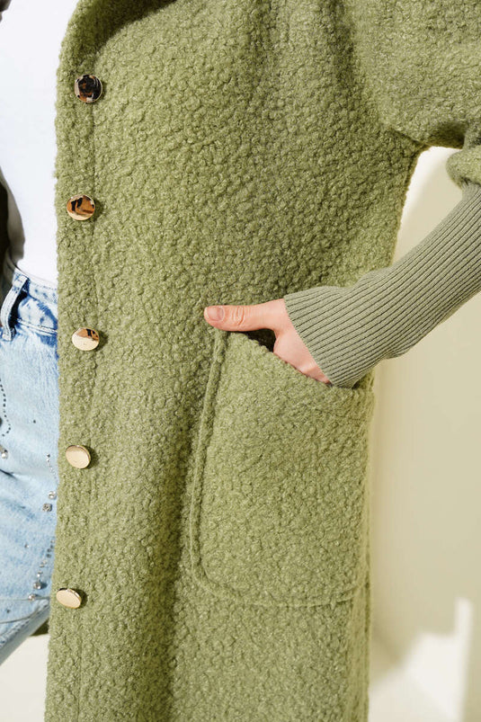 Sleeve Ribbed Hooded Boucle Cap Almond Green