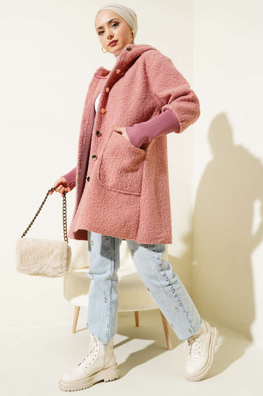 Hooded Boucle Cap with Ribbed Sleeves, Dusty Rose