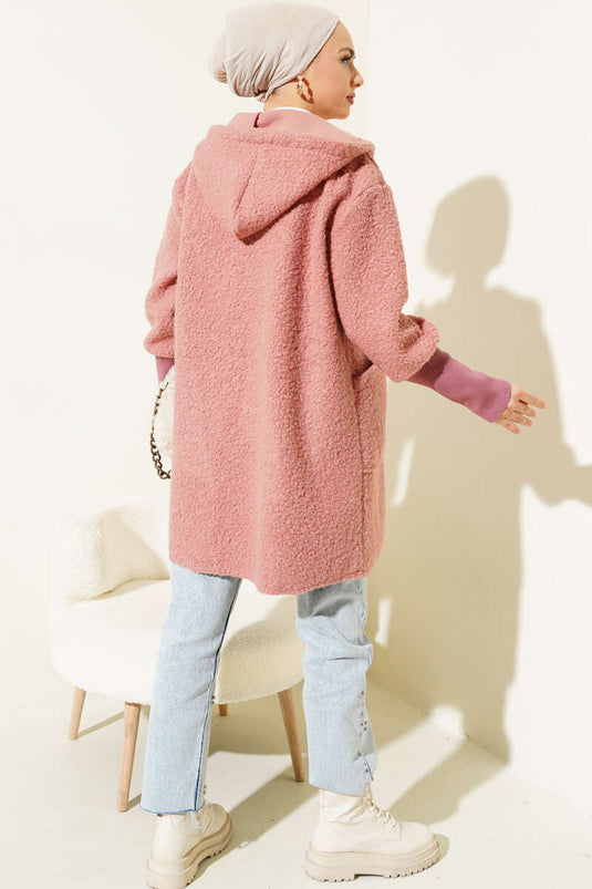 Hooded Boucle Cap with Ribbed Sleeves, Dusty Rose