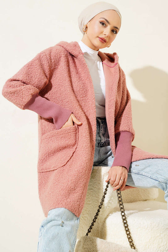 Hooded Boucle Cap with Ribbed Sleeves, Dusty Rose