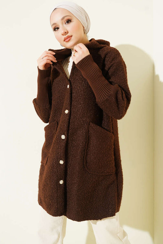 Kol Ribanalı Kapüşonlu Buklet Kap Kahve