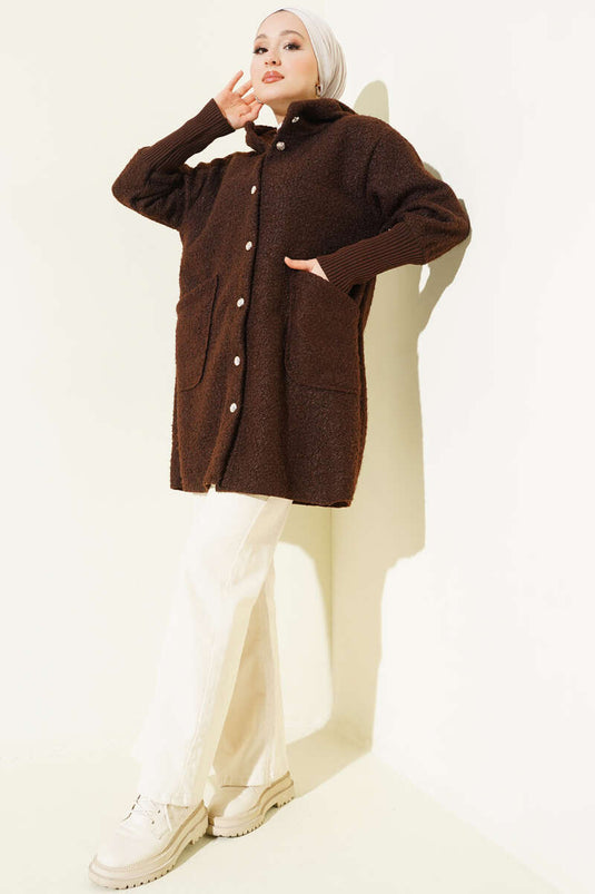 Kol Ribanalı Kapüşonlu Buklet Kap Kahve