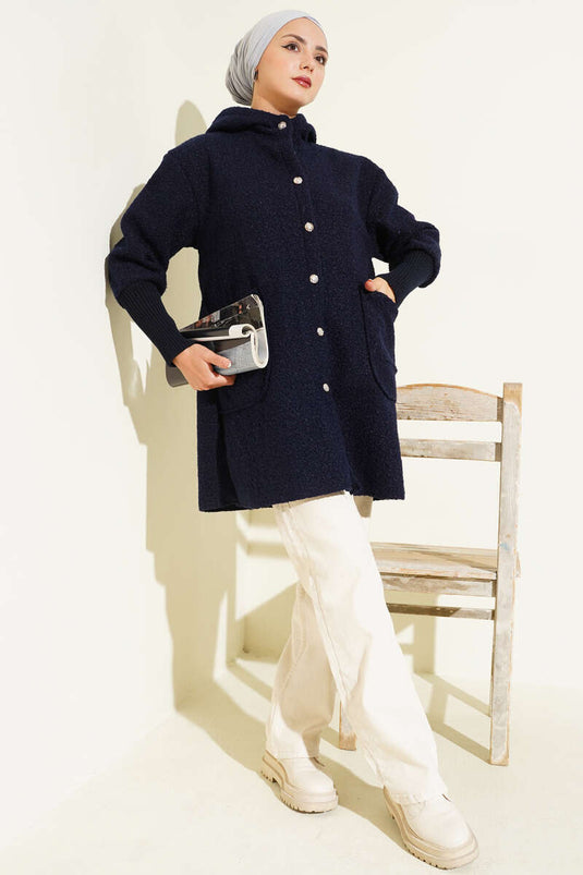 Kol Ribanalı Kapüşonlu Buklet Kap Lacivert