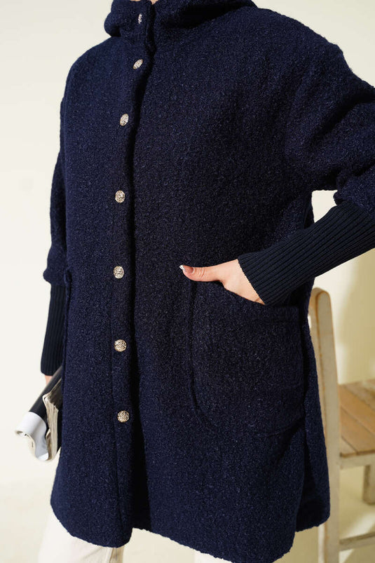 Kol Ribanalı Kapüşonlu Buklet Kap Lacivert