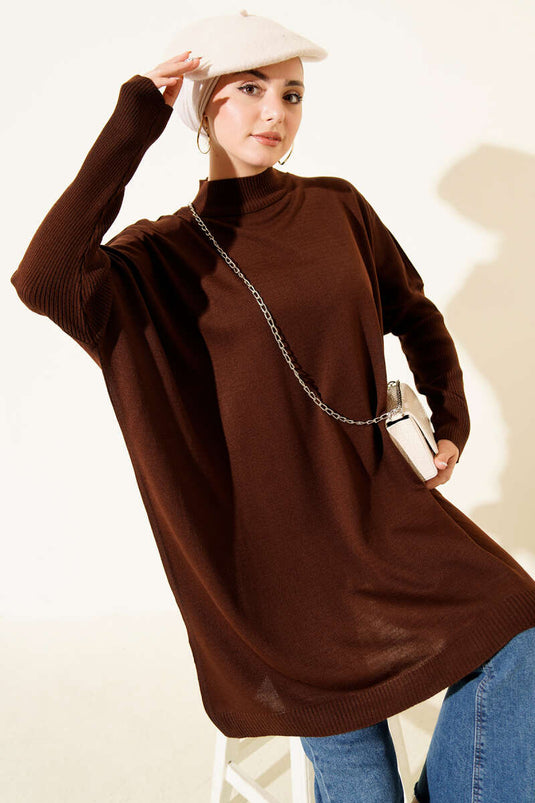 Oversized gebreide tuniek met geribbelde mouwen, bruin