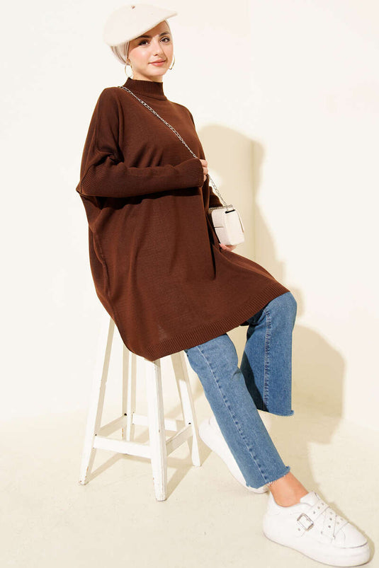 Oversized Knit Tunic with Ribbed Sleeves, Brown