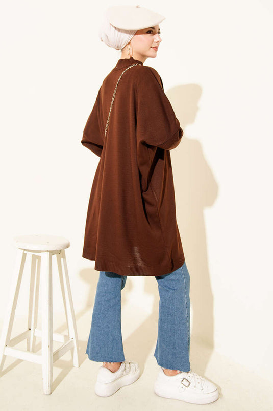 Oversized Knit Tunic with Ribbed Sleeves, Brown